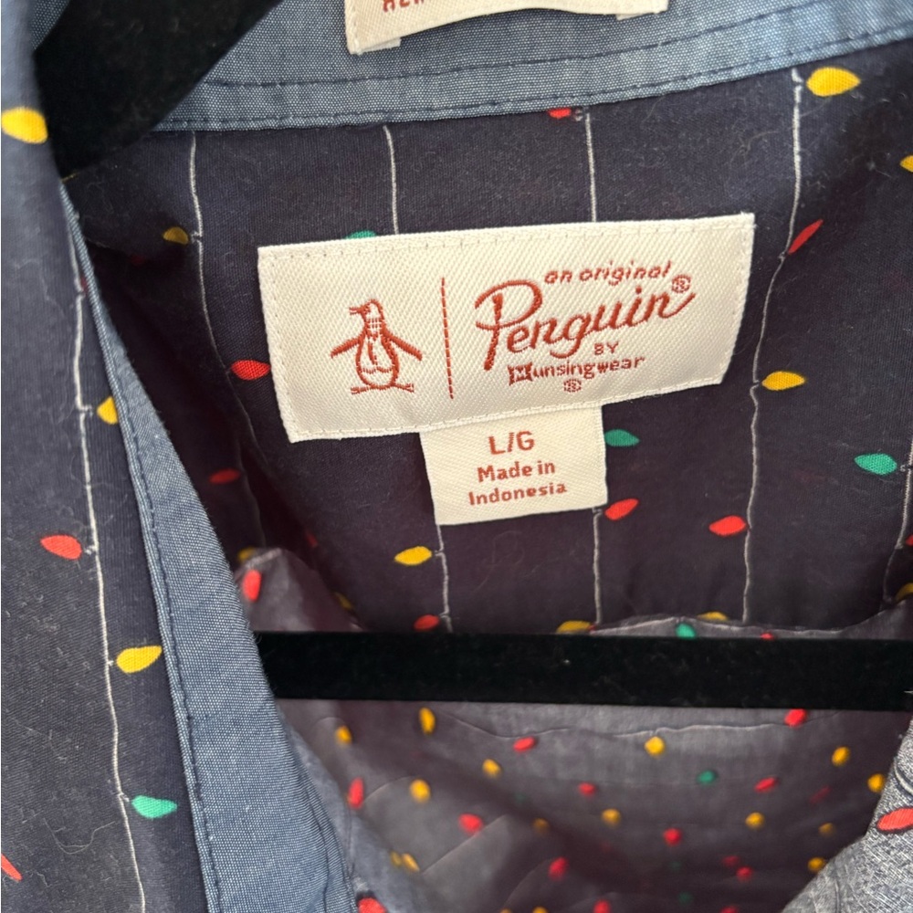 Original Penguin Black Button Down with Christmas lights pattern